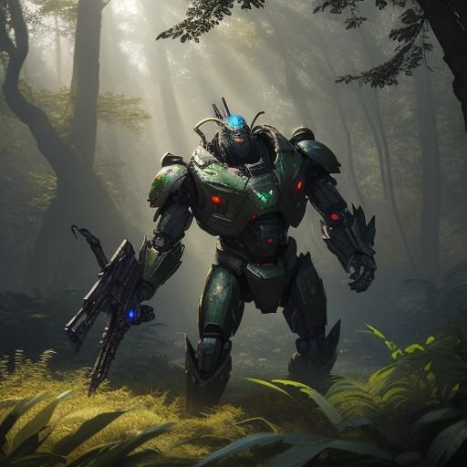 Robot Forest Warden in Matte Painting Style