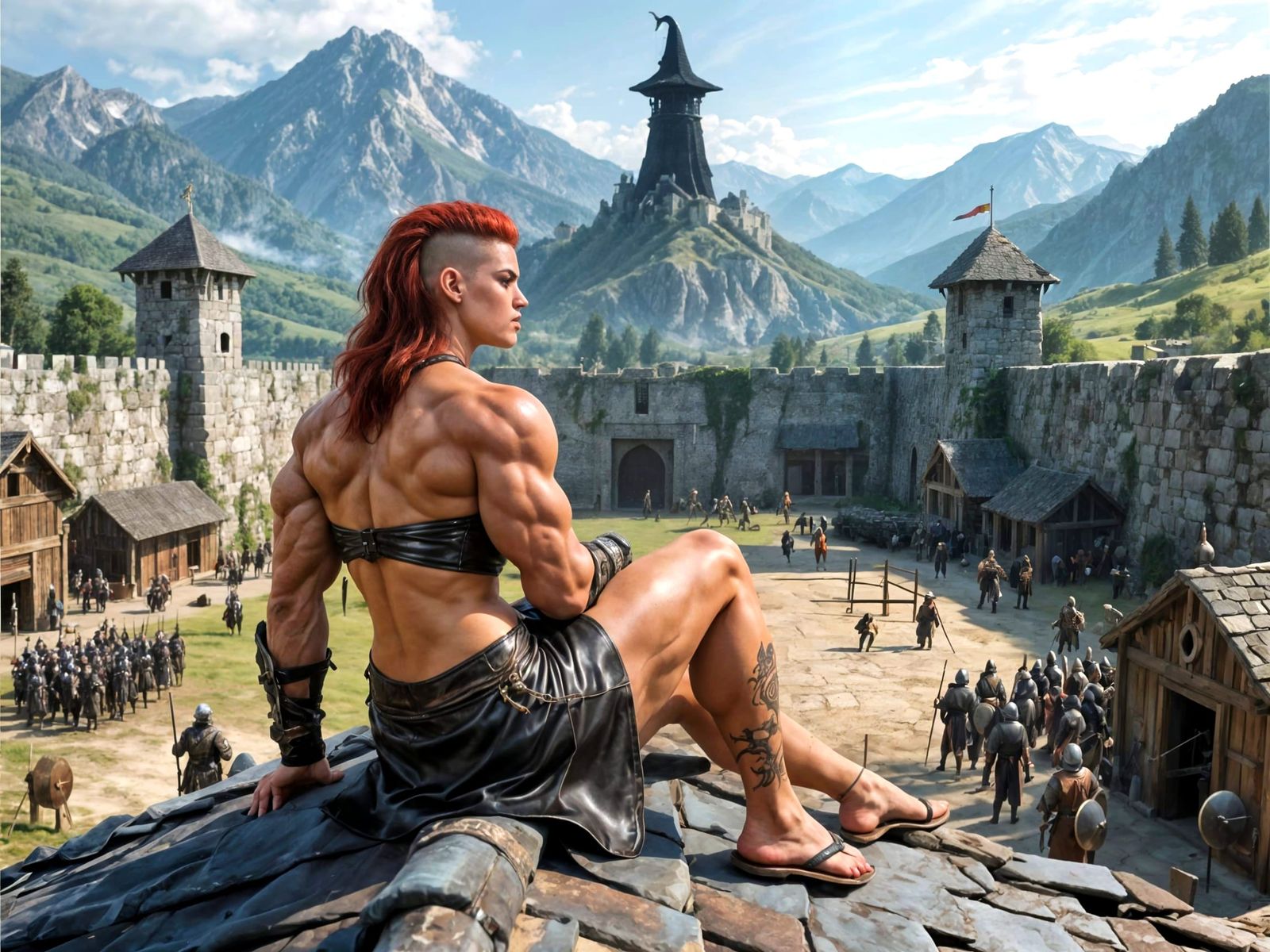 Muscular Amazonian Warrior Gazes at Mountain Fortress