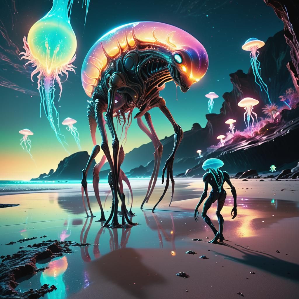 Bioluminescent Alien Beach with Crystalline Structures