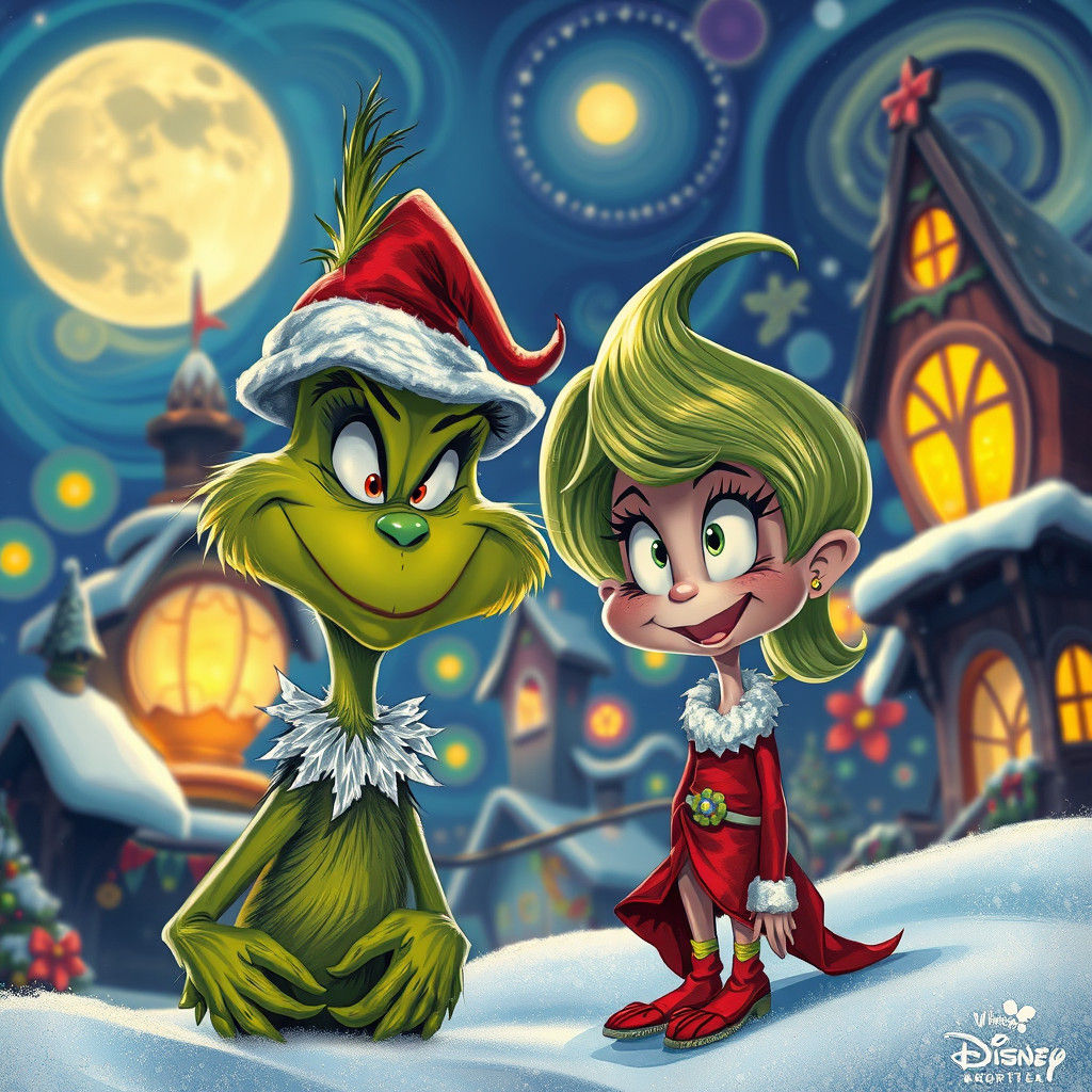 How the Grinch Stole Christmas!, disney animation style, 32k uhd, character caricatures, mysterious backgrounds, vivid t...