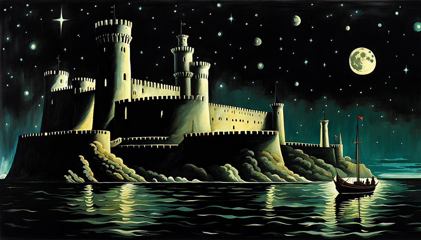 Fairycore Fortress at Night in De Chirico Style