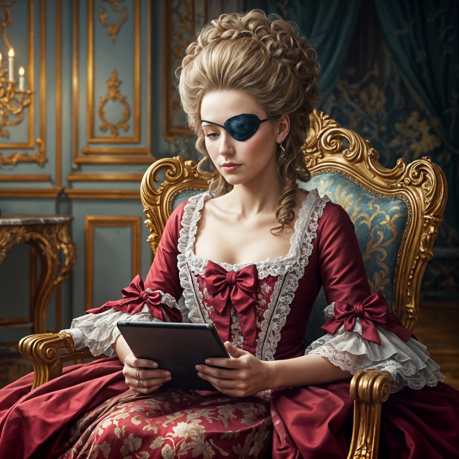 Rococo Woman with iPad in Luminous Impressionism