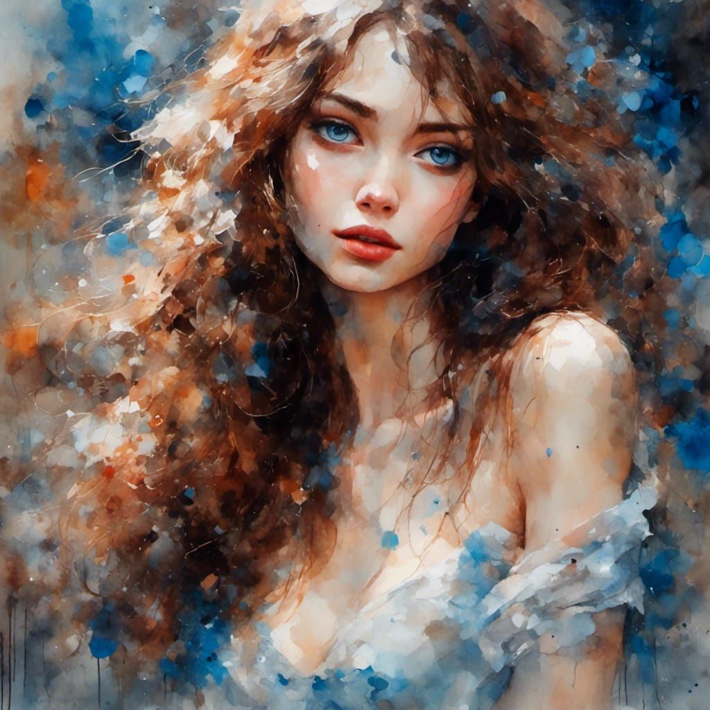 Beautiful Woman with Blue Eyes: Oil Painting