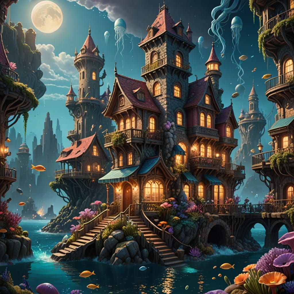 Ethereal Underwater Metropolis in Vibrant Iridescent Hues