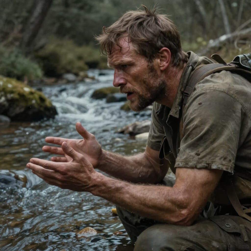 Determined Man Speaks to Himself by Stream