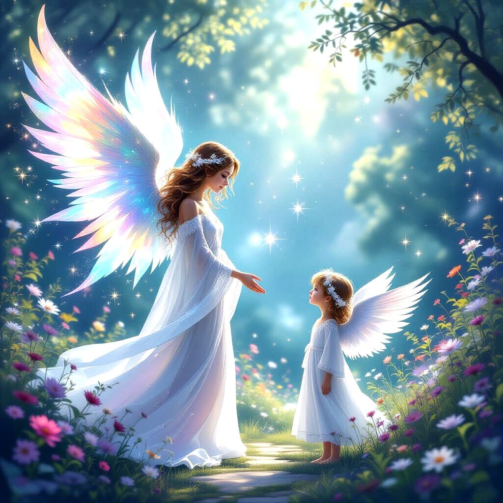 Ethereal Angel Meets Younger Self in Celestial Garden