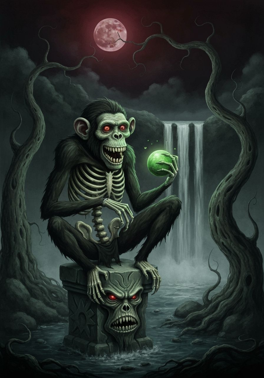 Skeletal Ape With Glowing Orb on Carved Pedestal