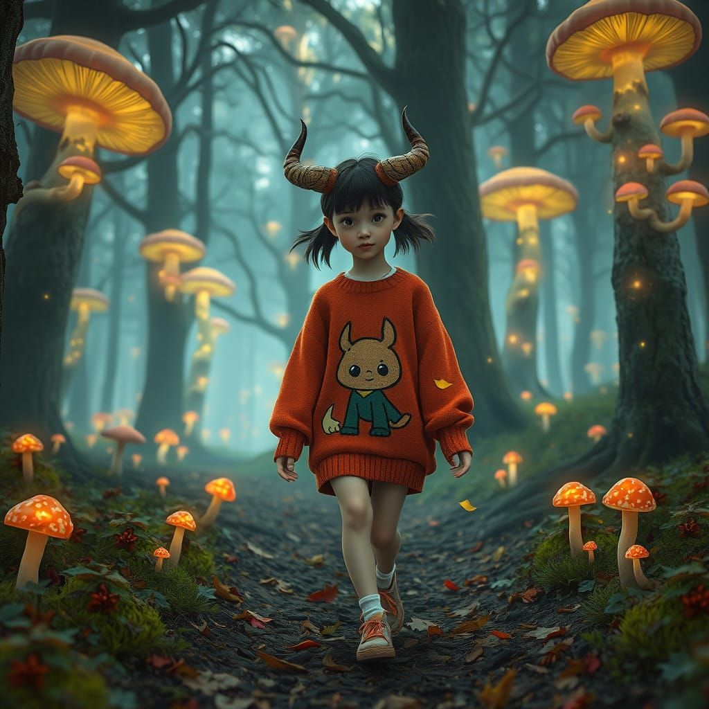 Girl with Horns Walks through Enchanted Forest with Glowing...