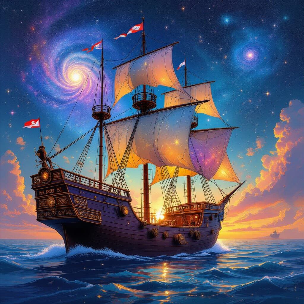 Colossal Merchant Ship Navigating Cosmos in Cosmic Tapestry ...