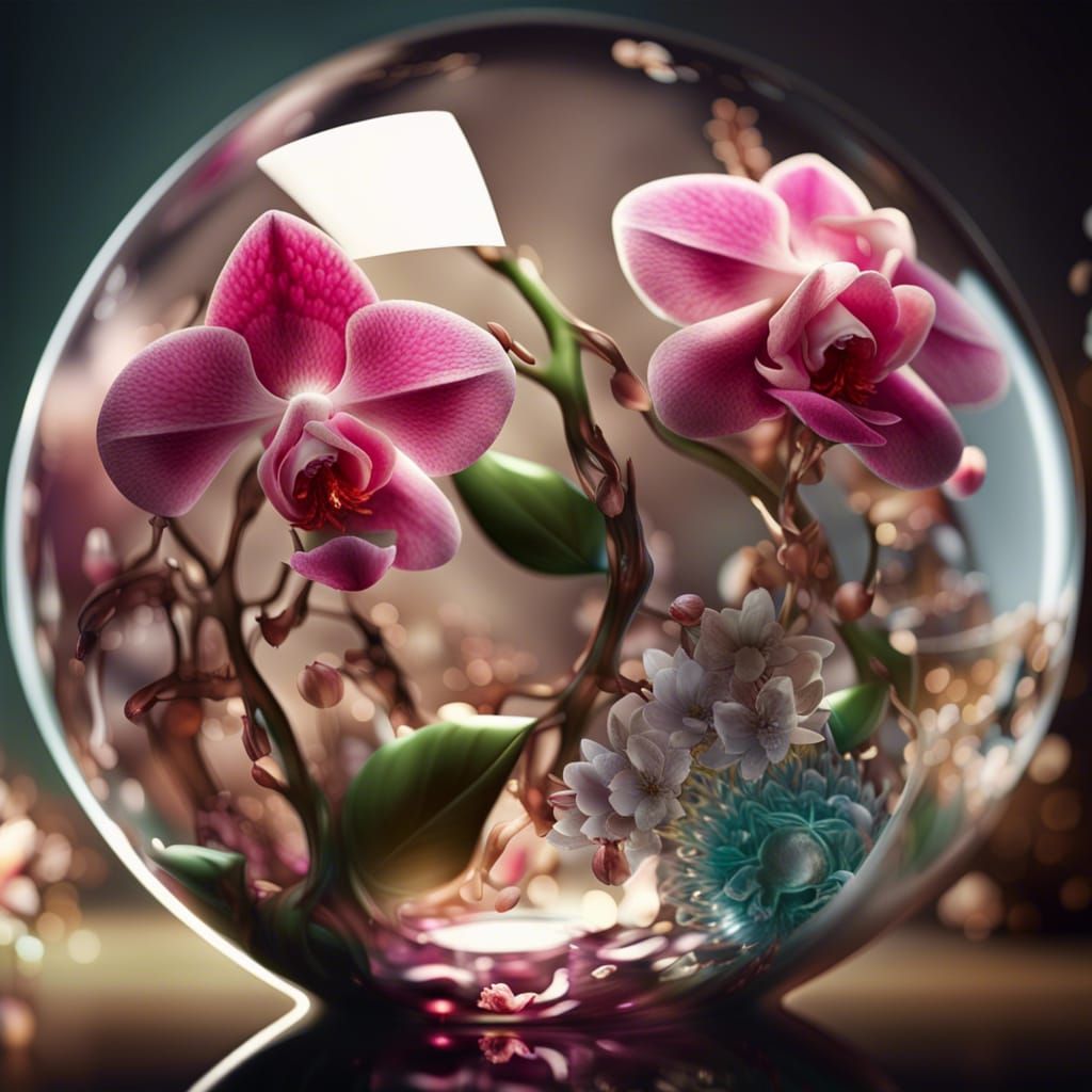 Two flowers inside a glass sphere, 16k resolution photoreali...