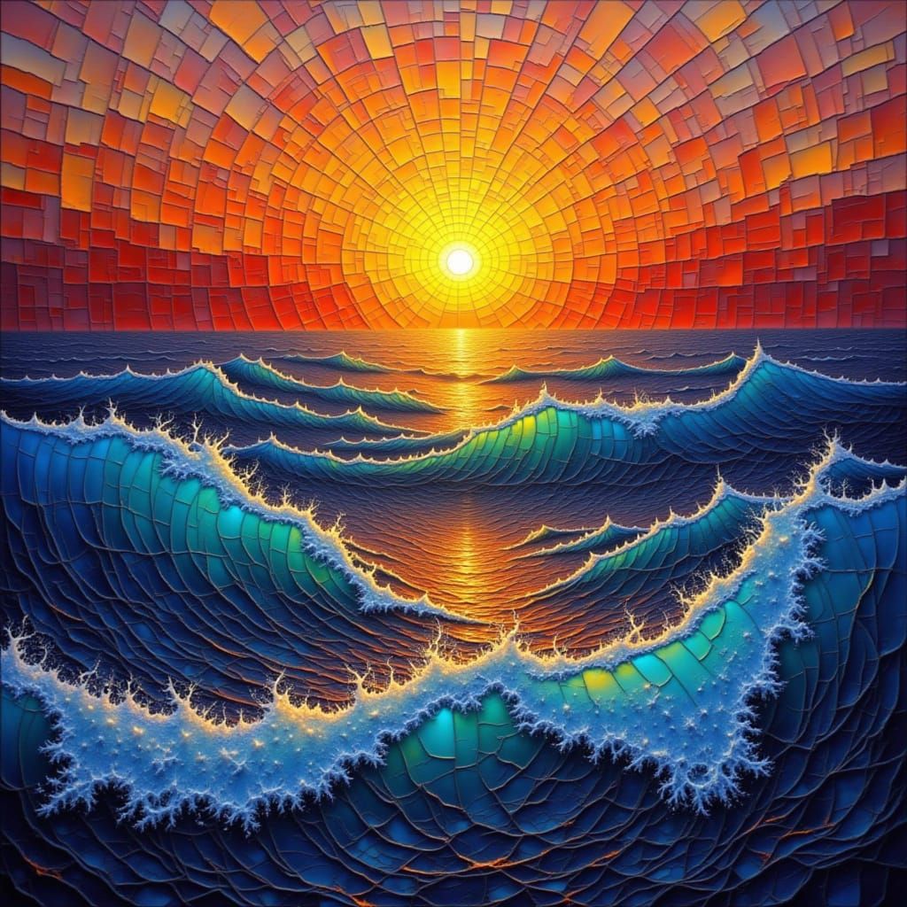 Abstract Prismatic Sunset Seascape in Art Deco Style