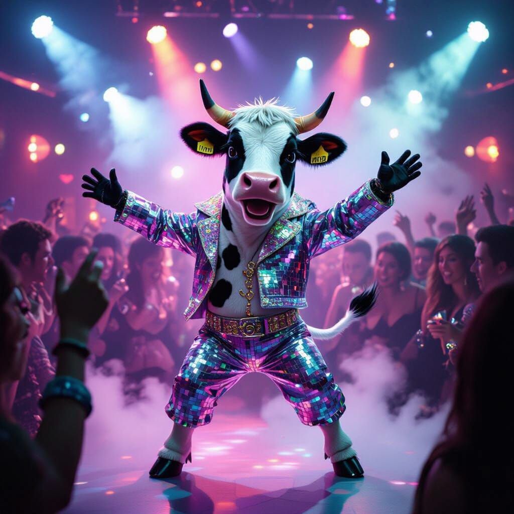 Cow Disco Dancer in Pop Surrealist Style