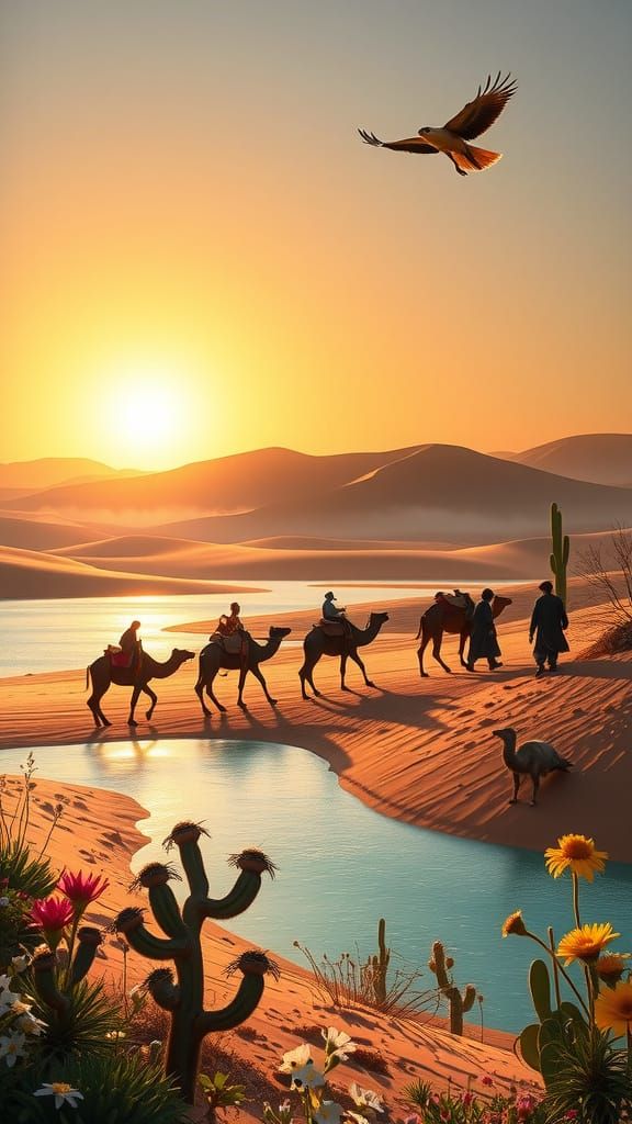 Idyllic Mongolian Desert Oasis at Sunset