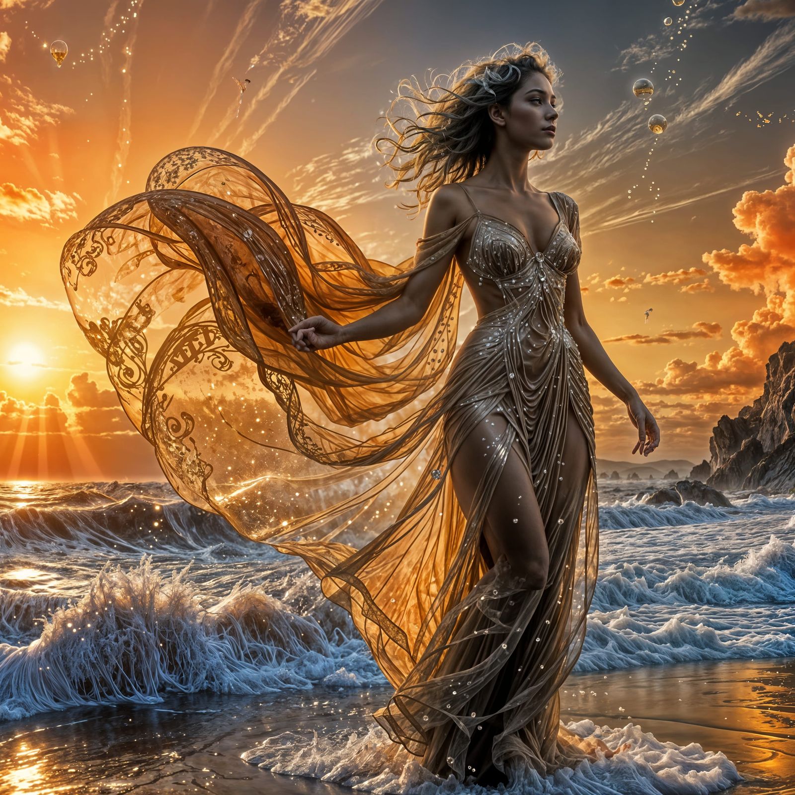 Floating Goddess of Shimmering Glass and Sunset Majesty