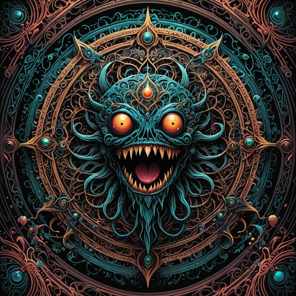Psychedelic Monster Mandala in Maximalist Style
