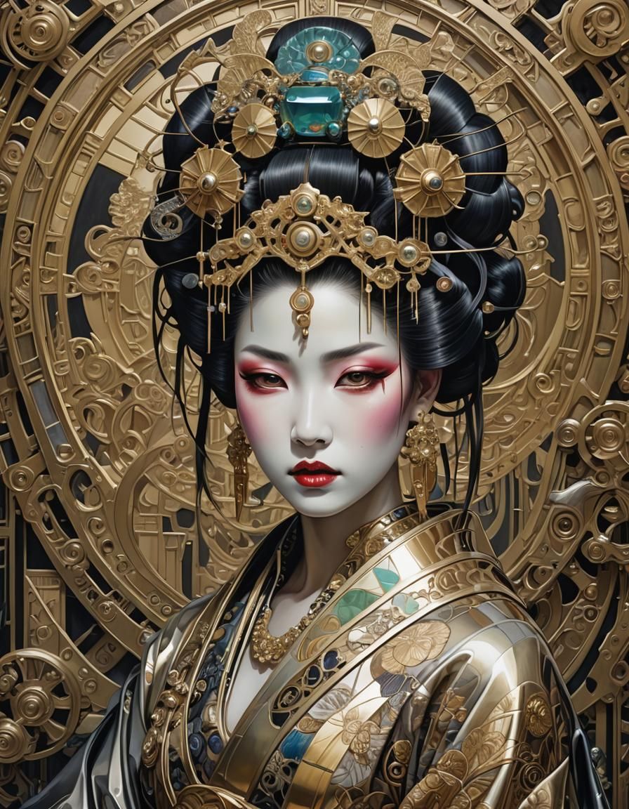 Bejeweled 🔐 geisha  Titan Cubism  neoTokyo   🫥Sharp Focus Mucha Giger