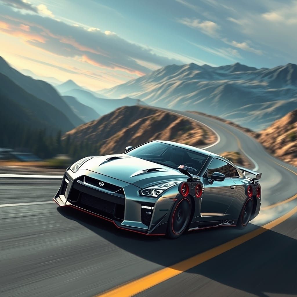 Futuristic Sports Car Speeds Down a Winding Mountain Road in...