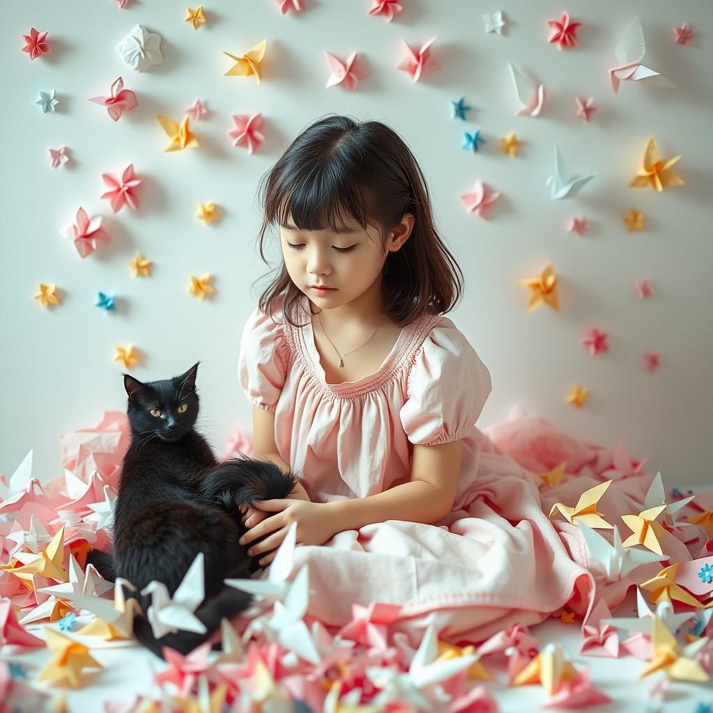 Girl with Black Cat in Origami Paper Art