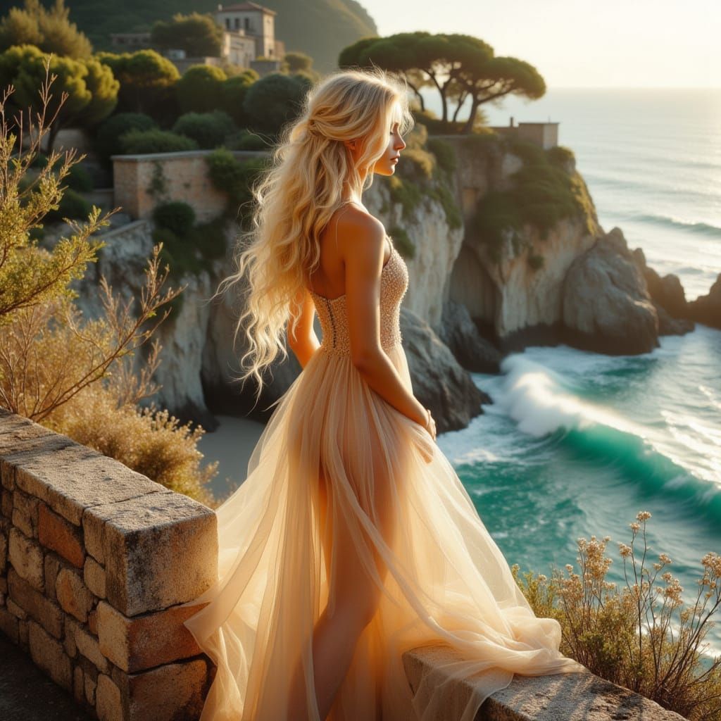Woman Overlooking Italian Coastline in Hyper-Realistic Style