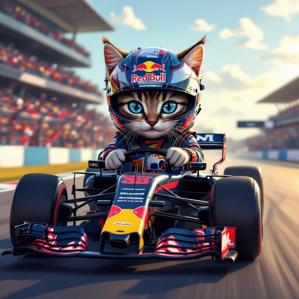 Kitten Racer in Red Bull Car on Racetrack