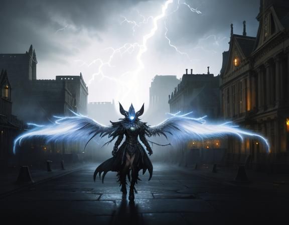 Futuristic Alien Werewolf Witch Howling in London Storm