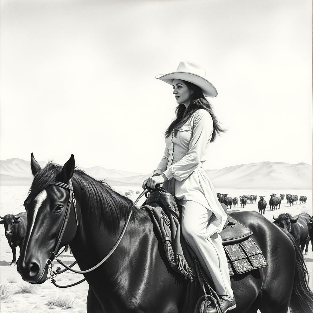 Cowgirl in White Hat on Black Horse in Arizona Desert