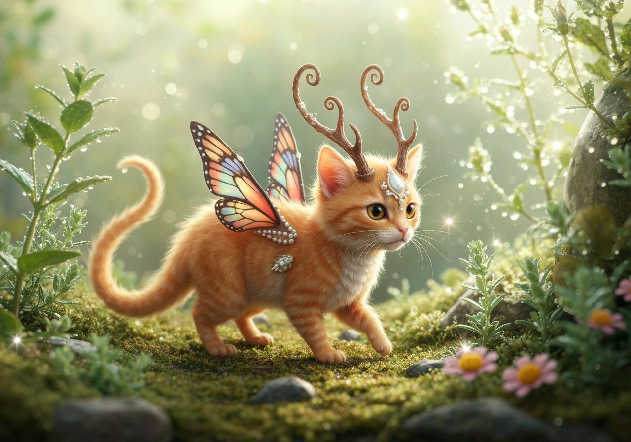 Fluffy Ginger Dragon-Cat Explores Miniature Garden Jungle