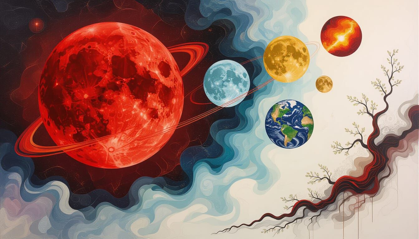 Blood Moon Over Cosmic Canvas in Abstract Oil Style