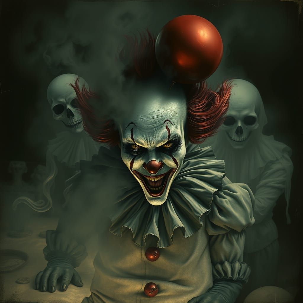 Sinister Smoky Clown Ghost in Hyperrealism Mezzotint Style