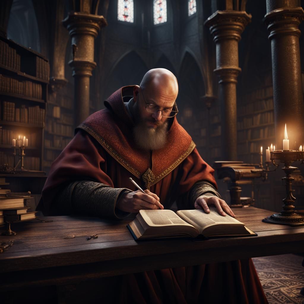 Medieval Monk Reading Bible in Dark Academia Library