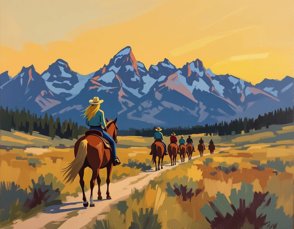 Cowgirl in Sawtooth Mountains: Hopper Style Oil Painting