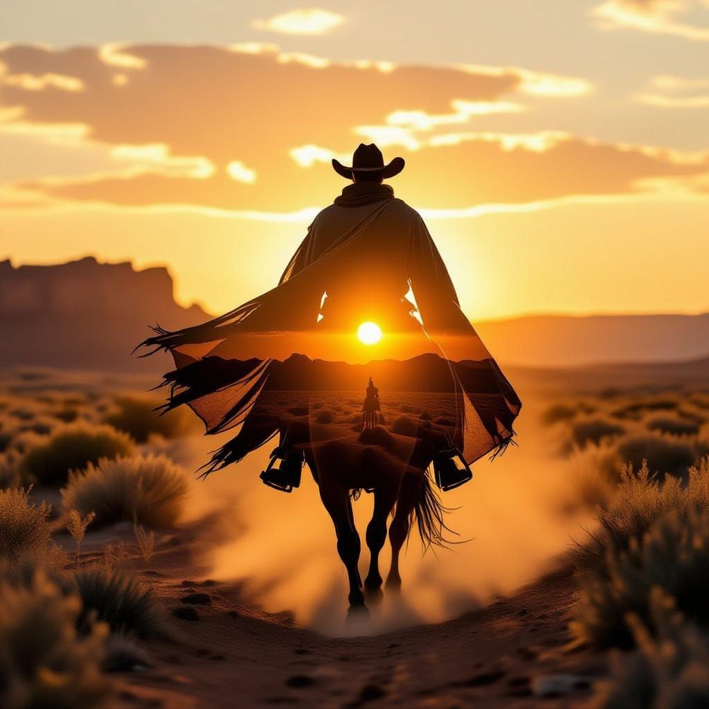 Cowboy Silhouette at Sunset in Double Exposure