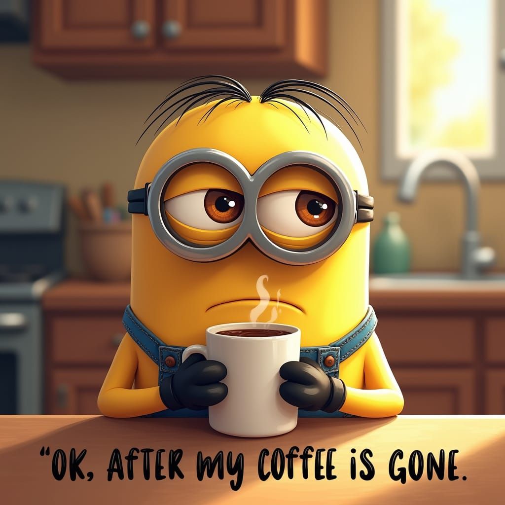 Whimsical Minion in Morning Coffee Scene