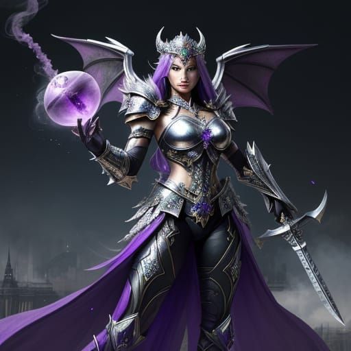 Beautiful, guardian woman with amethyst eyes, wearing a bikini armour, holding a silver spear ornamented with white gold...