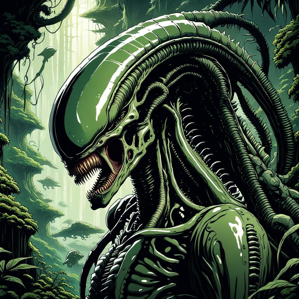 Green Xenomorph in Anime Style by Miyazaki