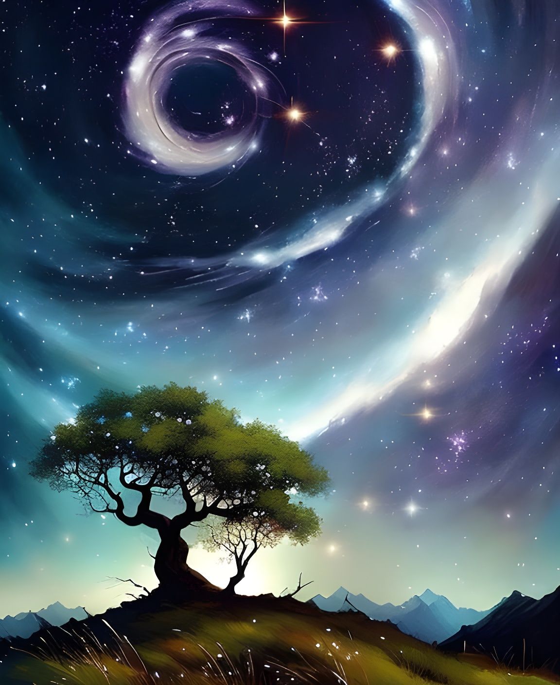 Cosmic Blossoming Tree with Dripping Paint Effect