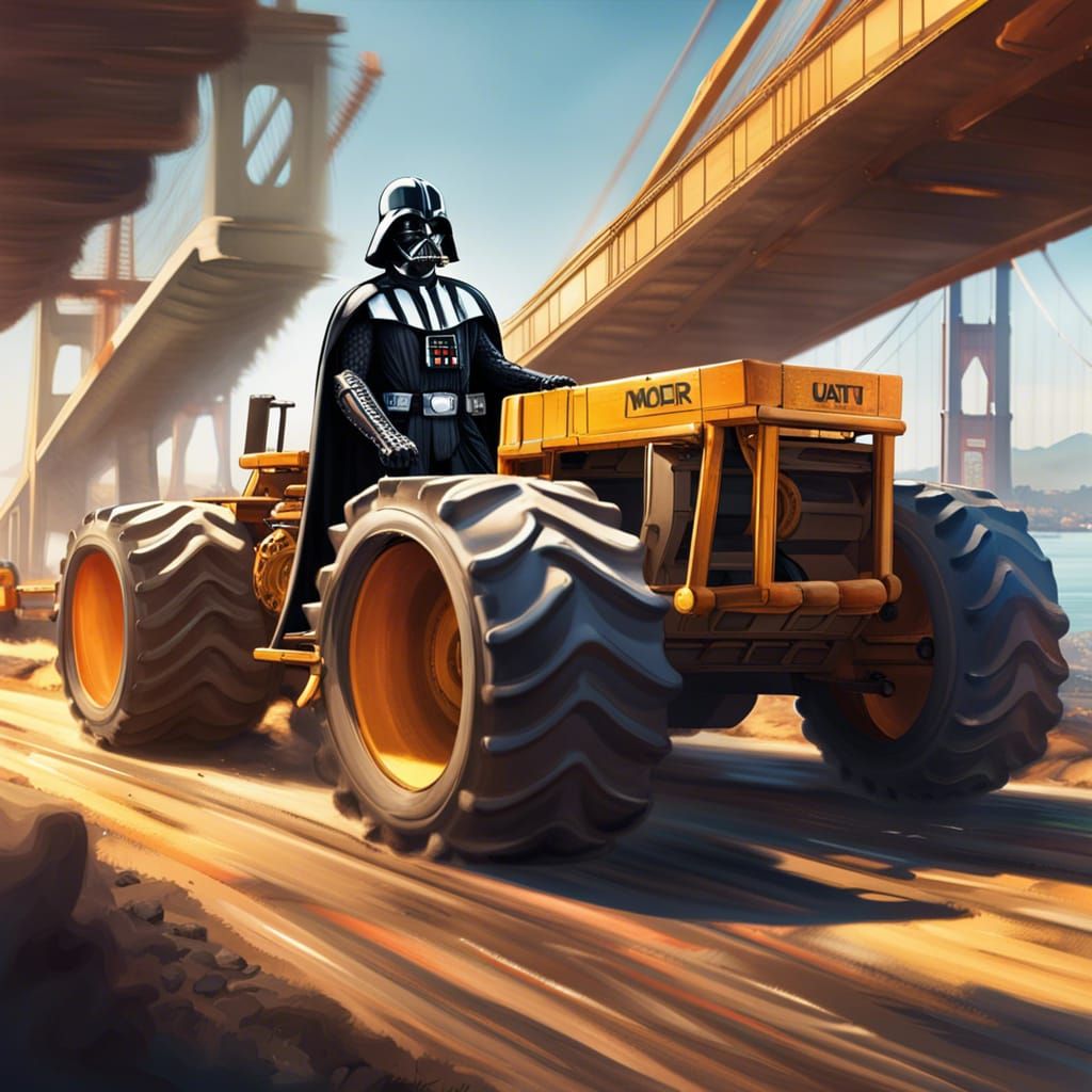 Darth Vader driving a long,road grader,heavy equipment,by the  sanfrancisco bay.shiny,sunny day,side view