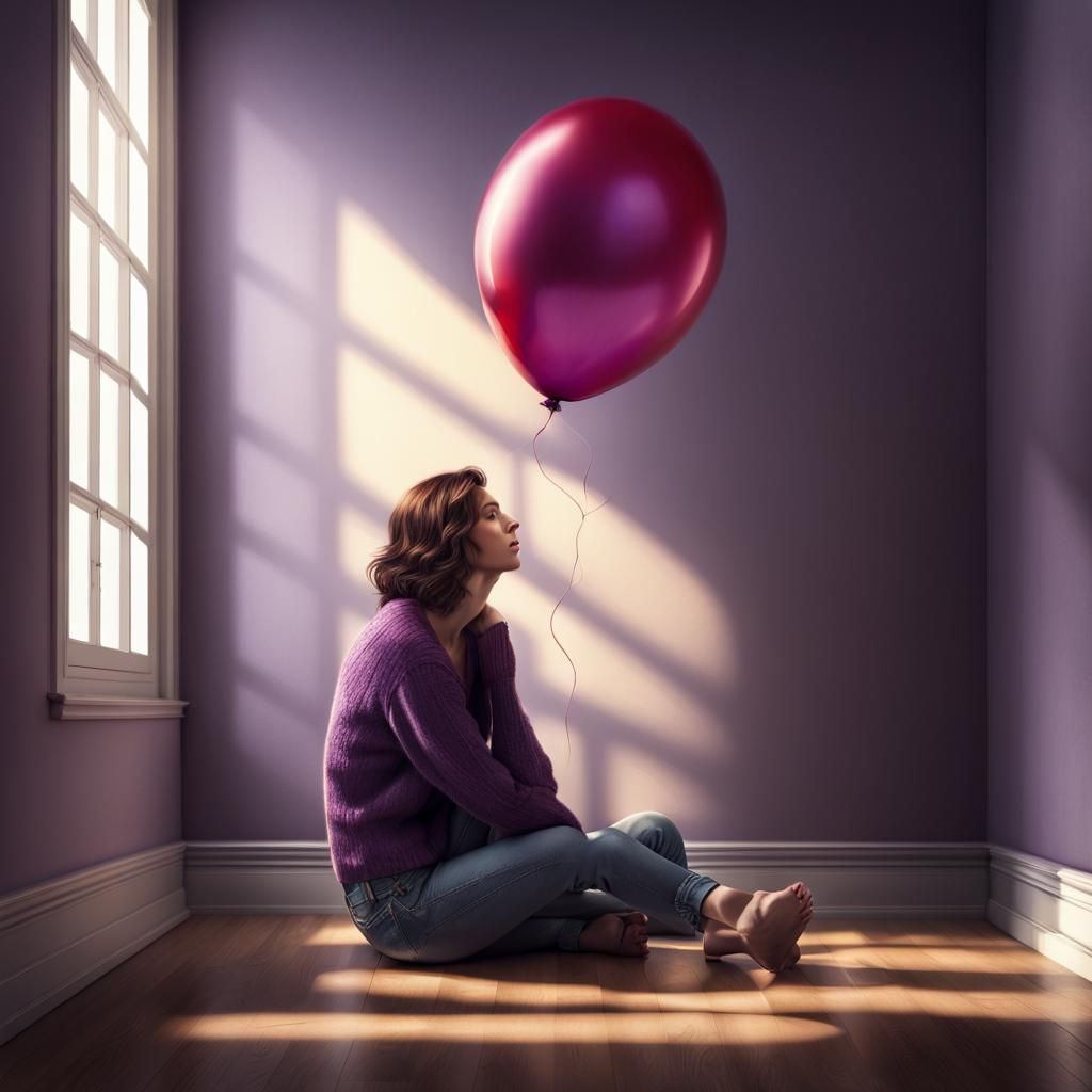 Lonely Woman with Balloon in Empty Room