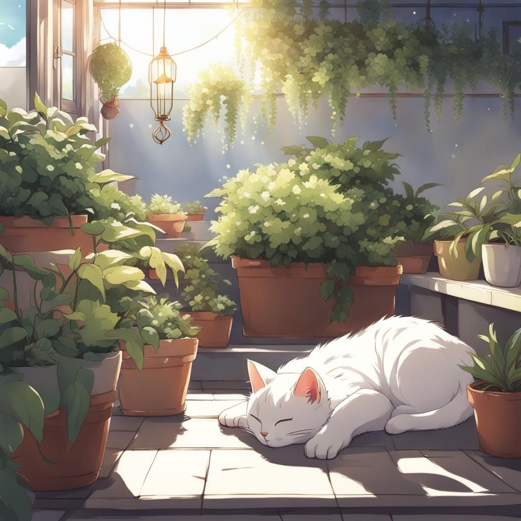 Cat Napping on Terrace in Anime Style