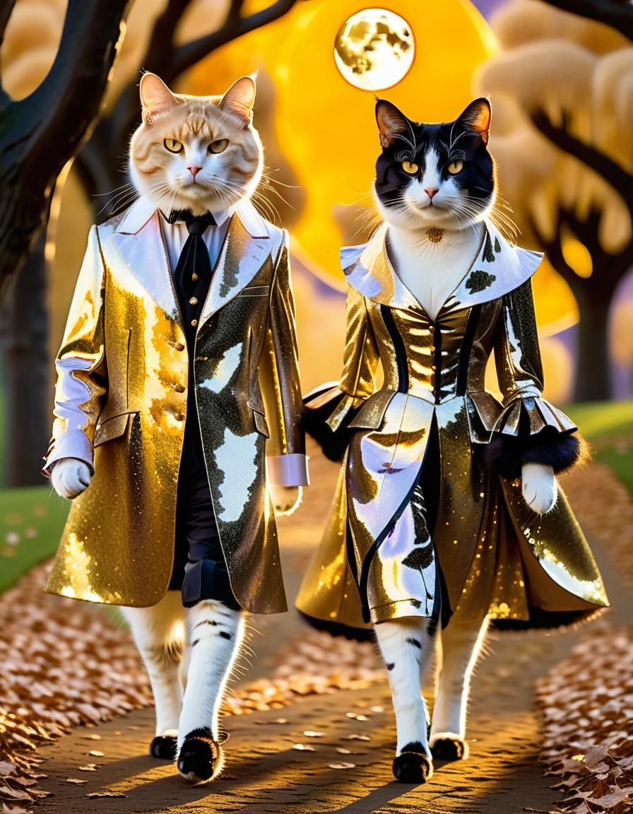 Cats Walking in Park with Klimt-inspired Lighting