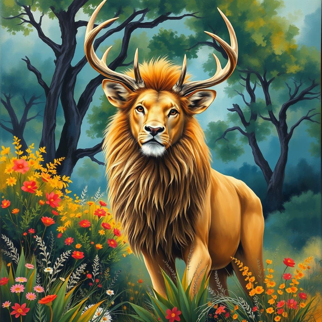Lion Deer in Vibrant Gouache Style