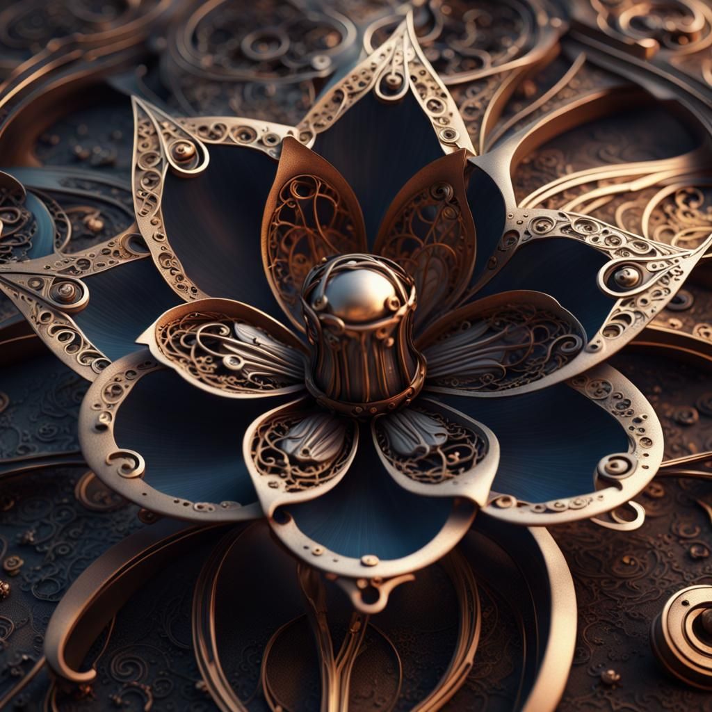 Filigree Steampunk Metal Tulip Flower in Detailed Painting