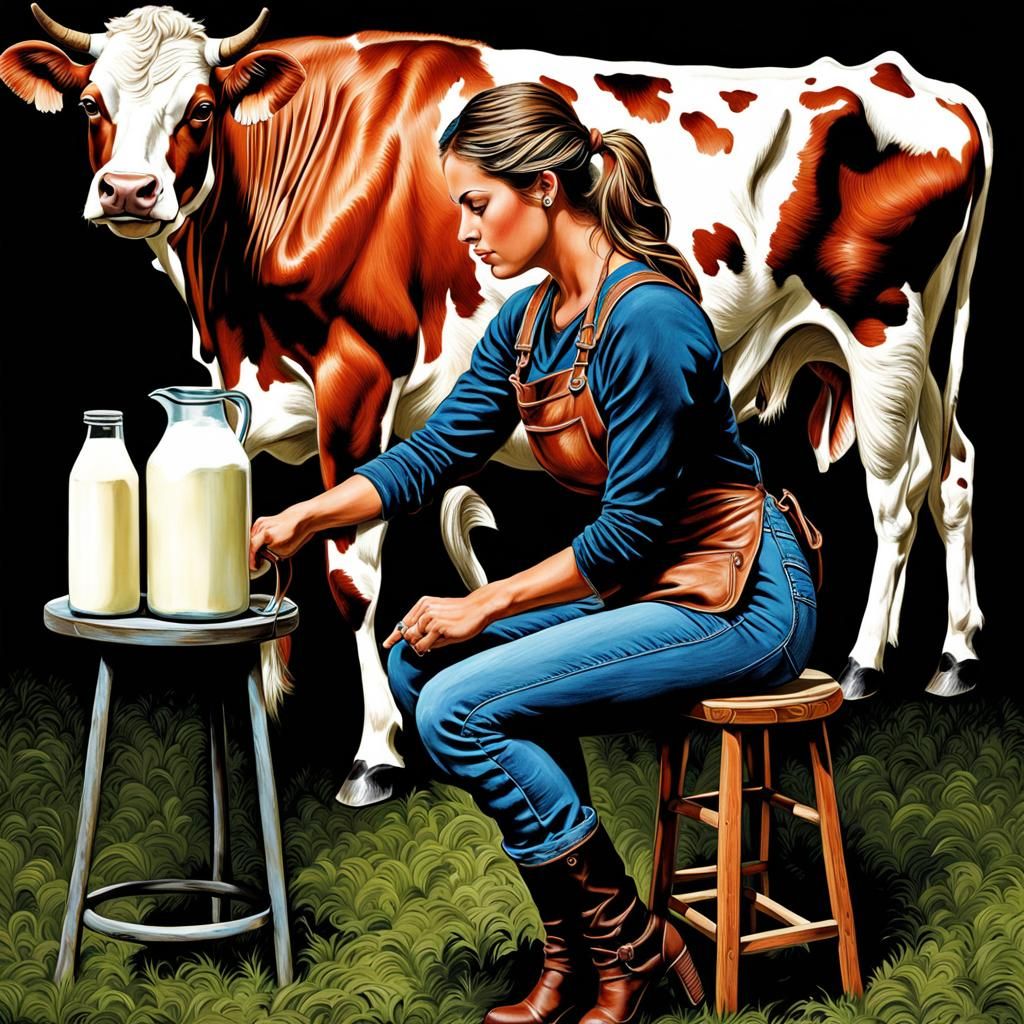 Girl Milking Cow in Deep Color, 8K