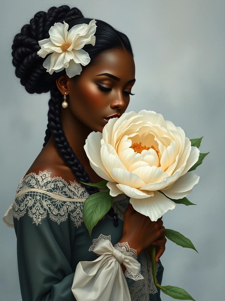 Elegant Woman with Peony in Pre-Raphaelite Style