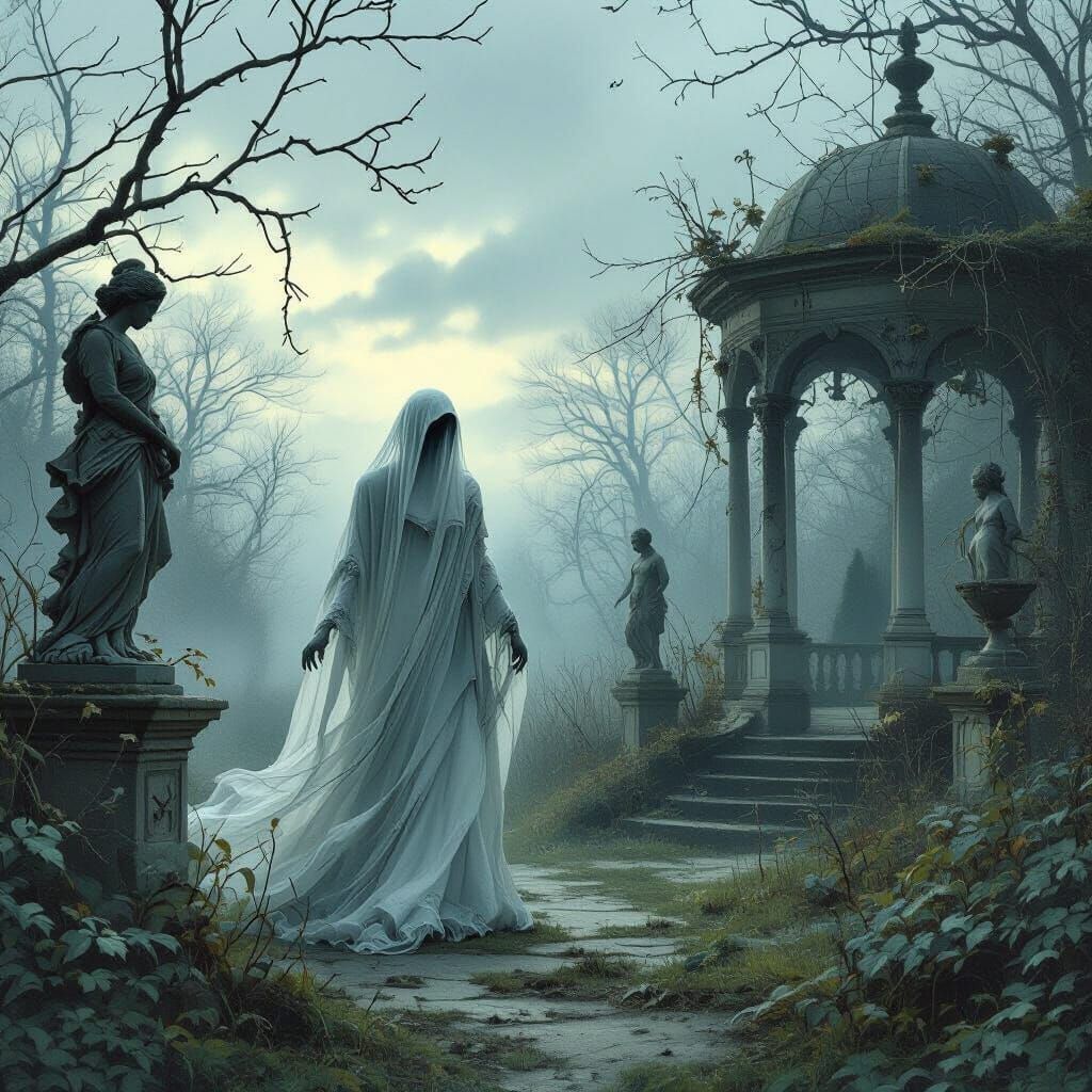 Ethereal Victorian Ghost in Overgrown Garden
