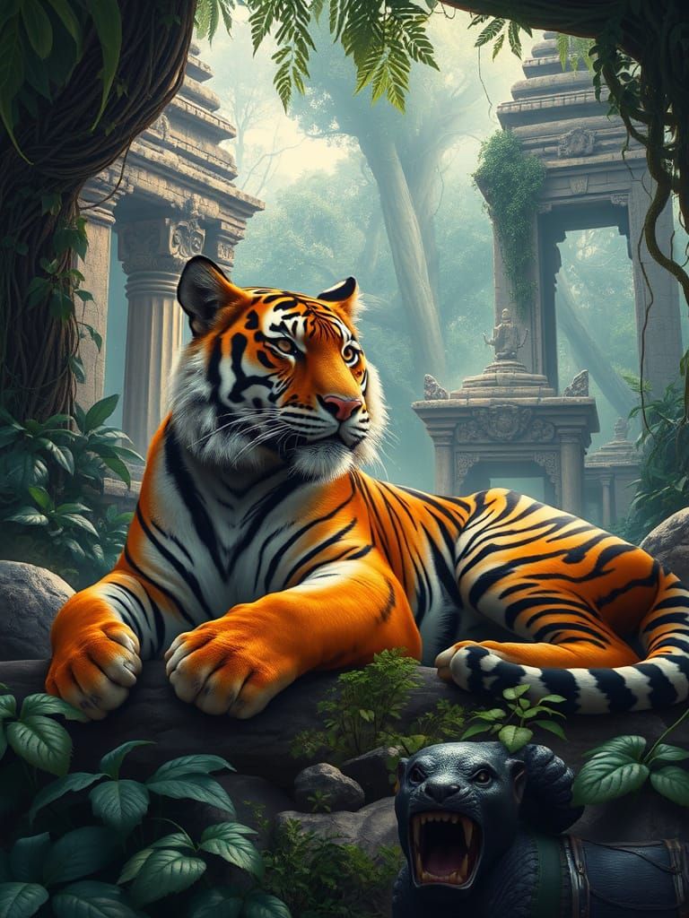 Bengal Tiger Lounges in Jungle Temple Ruins