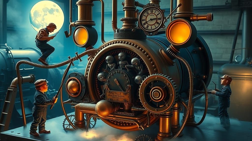 Steampunk Factory Workers toil on a Mystical Machine Spewing...