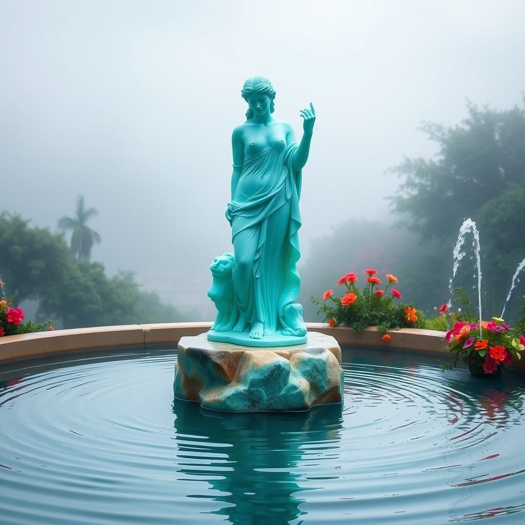 Majestic Turquoise Goddess Rises from Tranquil Fountain