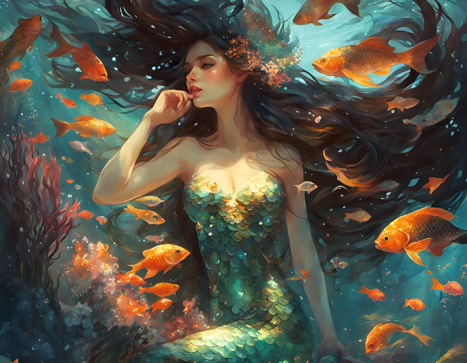 Enigmatic Mermaid in Hyperdetailed Undersea Scene