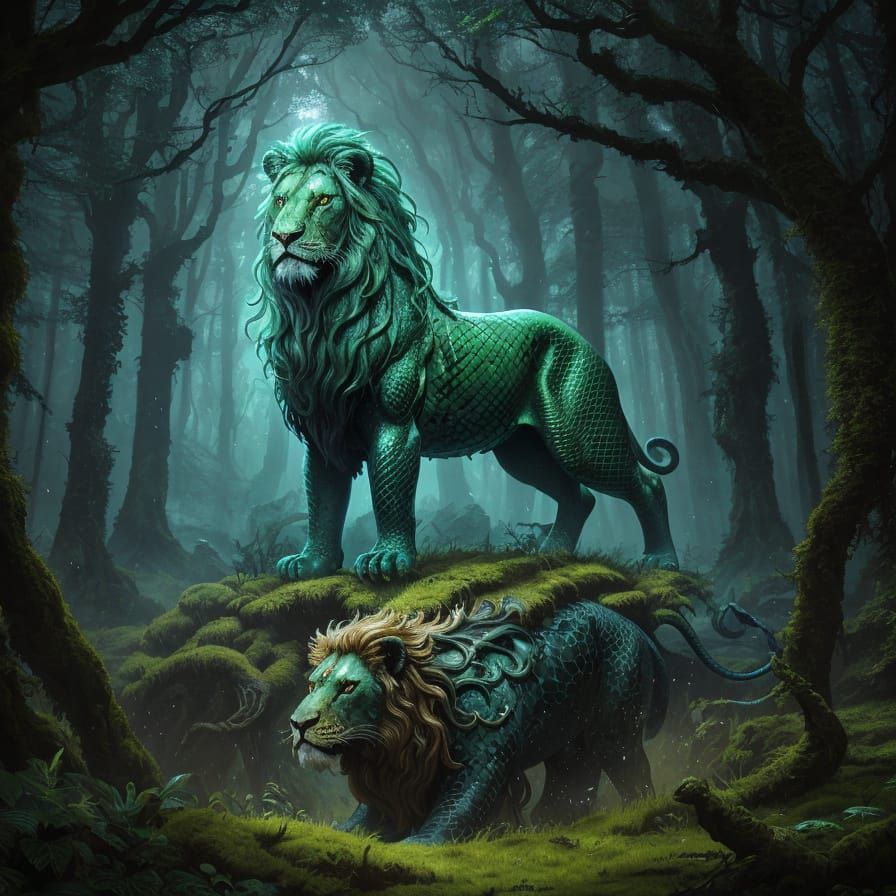 Majestic Lion-Snake Hybrid in German Forest - Fantasy Art